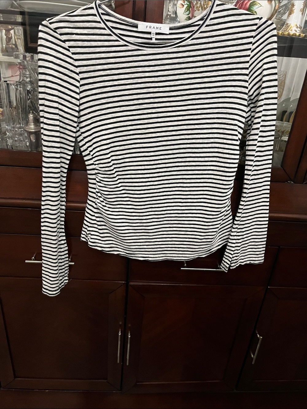 Frame Denim Black & White Striped Long-Sleeve Crewneck Tee